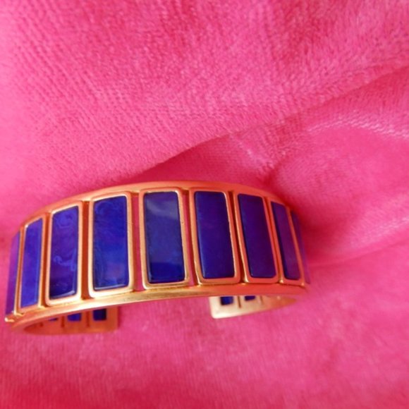 TORY BURCH Rectangle Epoxy Blue Gold Cuff Bracelet - Picture 5 of 16